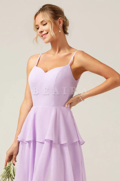 Beaira A-Line Spaghetti Straps Tiered Floor Length Lilac Bridesmaid Dress With Slit Bridesmaid dress shop