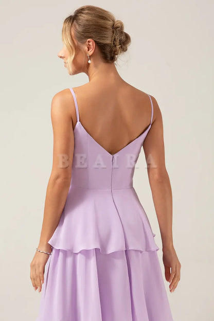 Beaira A-Line Spaghetti Straps Tiered Floor Length Lilac Bridesmaid Dress With Slit Bridesmaid dress shop