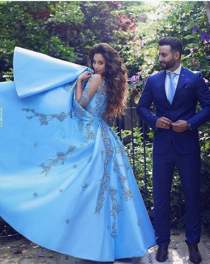 A line Blue Half Sleeve Satin Beads Prom Dresses Sweetheart Lace Appliques Formal Dress