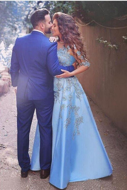 A line Blue Half Sleeve Satin Beads Prom Dresses Sweetheart Lace Appliques Formal Dress