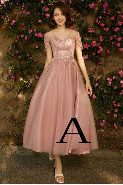 A line Dusty Pink Short Sleeve Bridesmaid Dresses With Appliques Lace,Tulle Prom Dresses