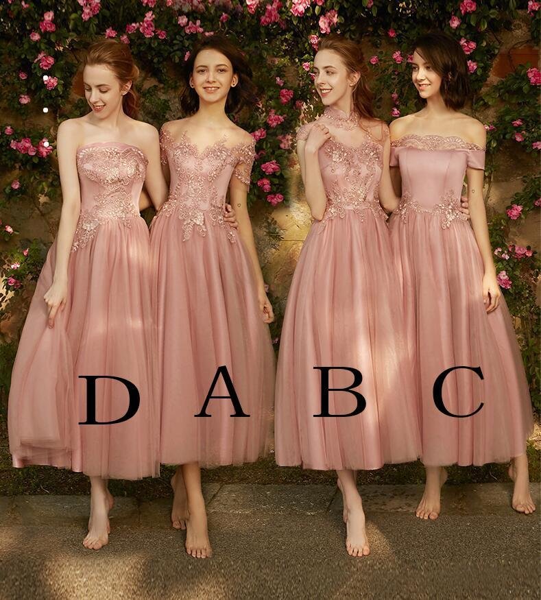 A line Dusty Pink Short Sleeve Bridesmaid Dresses With Appliques Lace,Tulle Prom Dresses