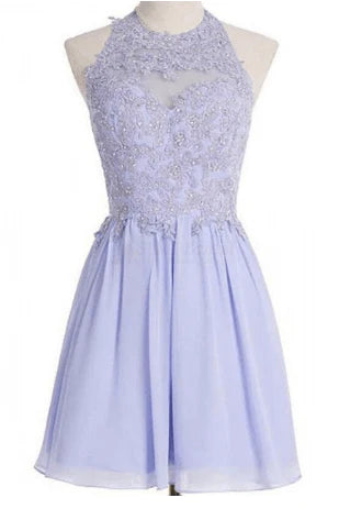 A-line Halter Short Lilac Chiffon Homecoming Dress Appliques Crystal