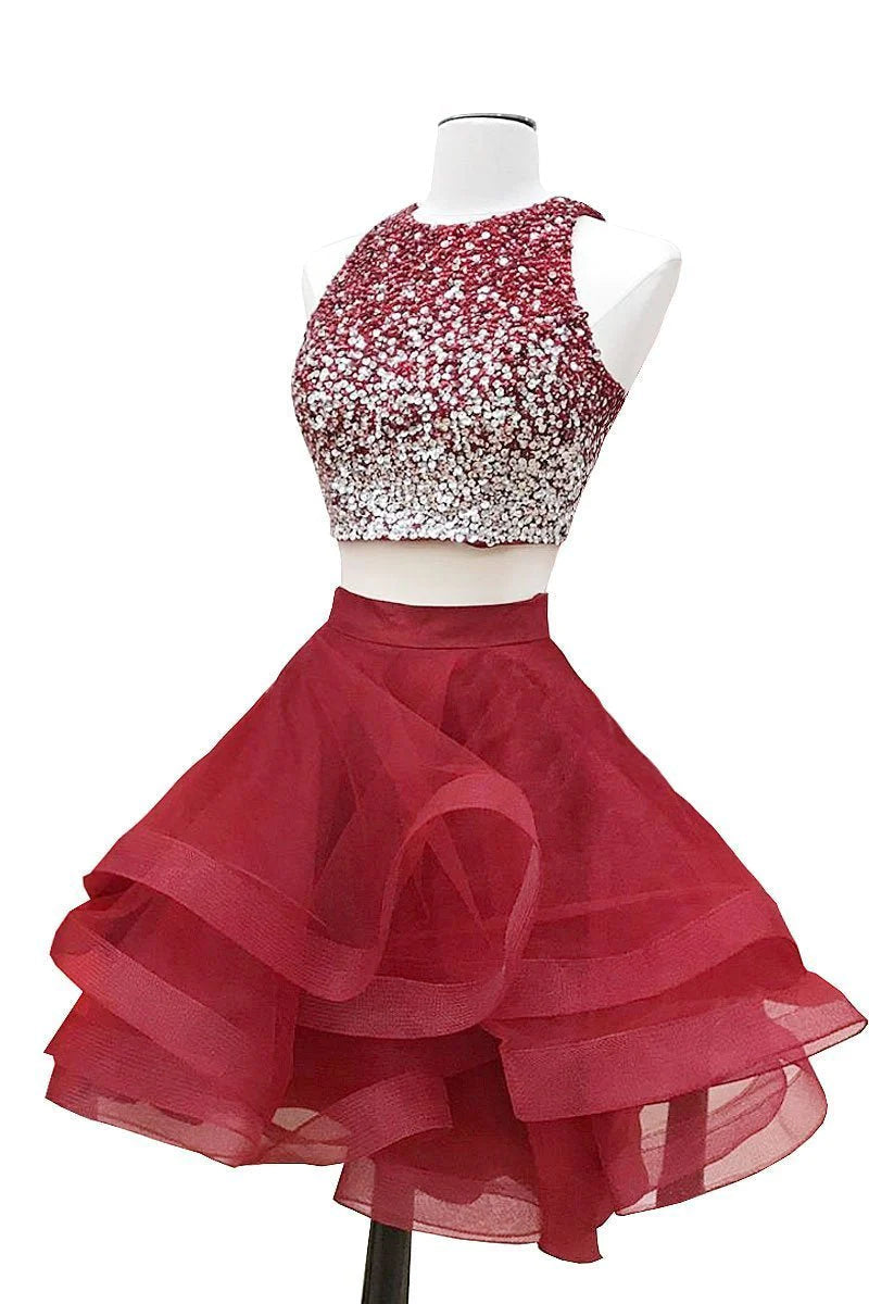 A-line Halter Sleeveless Sweetheart Organza Burgundy Short Cocktail Dresses Homecoming Dress