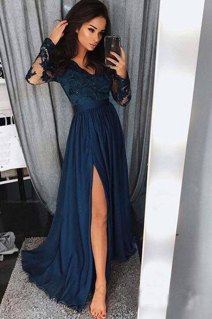 A line Long Sleeve V Neck Prom Dresses Slit Long Evening Dresses