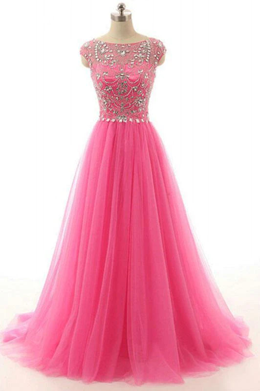 A-line Round Neck Beading Tulle Long Party Dresses Evening Dresses