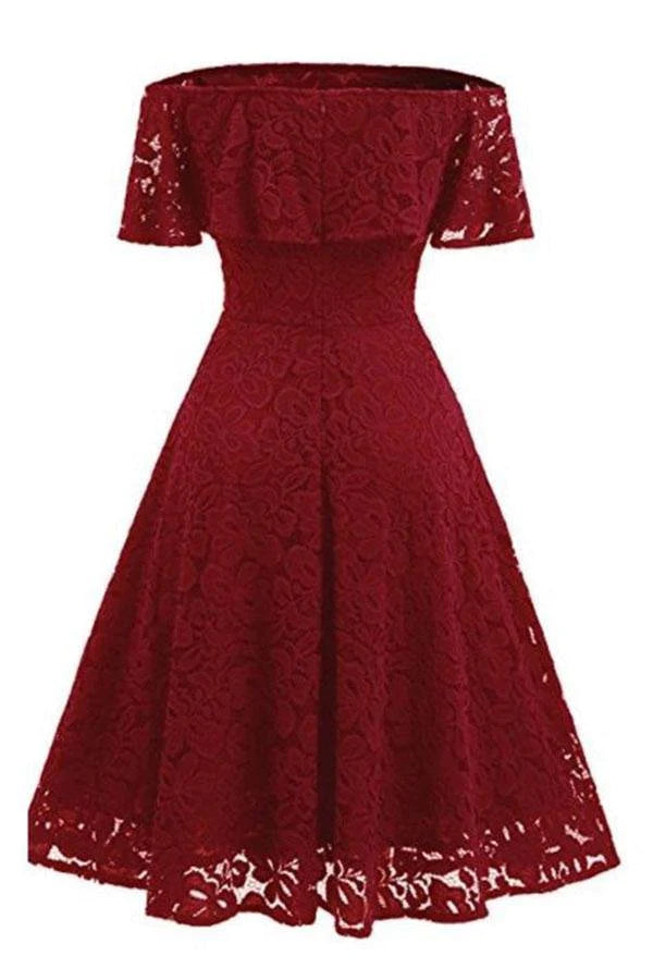 A-line Short Sleeve Burgundy Off-the-Shoulder Lace Knee-Length Grace Homecoming Dresses