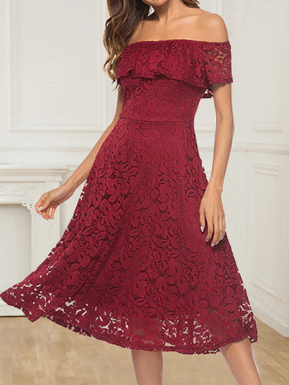 A-line Short Sleeve Burgundy Off-the-Shoulder Lace Knee-Length Grace Homecoming Dresses