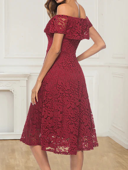 A-line Short Sleeve Burgundy Off-the-Shoulder Lace Knee-Length Grace Homecoming Dresses