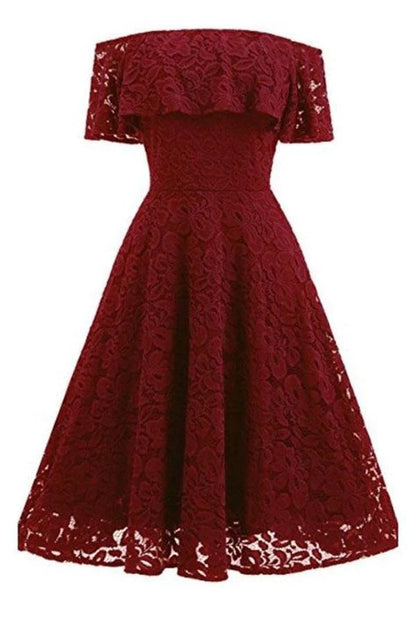 A-line Short Sleeve Burgundy Off-the-Shoulder Lace Knee-Length Grace Homecoming Dresses