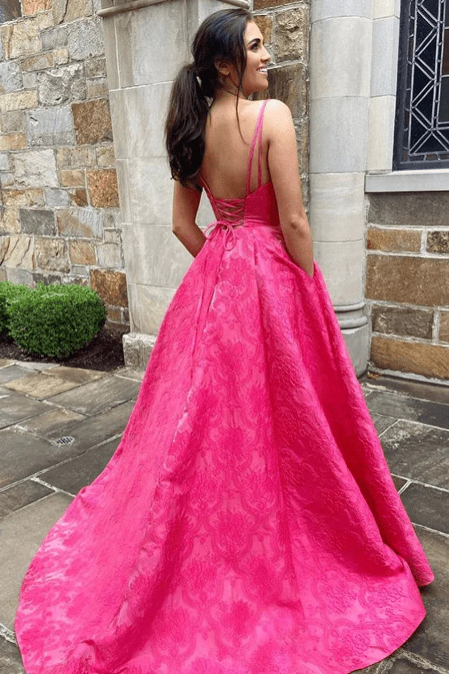 V-Neck Satin Long Simple Backless with Pockets Sleeveless Sweep Train Prom Dresses