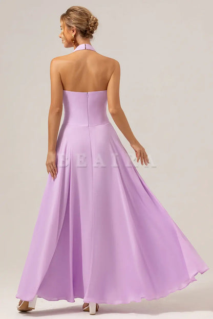 Beaira A Line Halter Backless Pleated Chiffon Long Purple Bridesmaid Dress With Buckle Bridesmaid dress shop