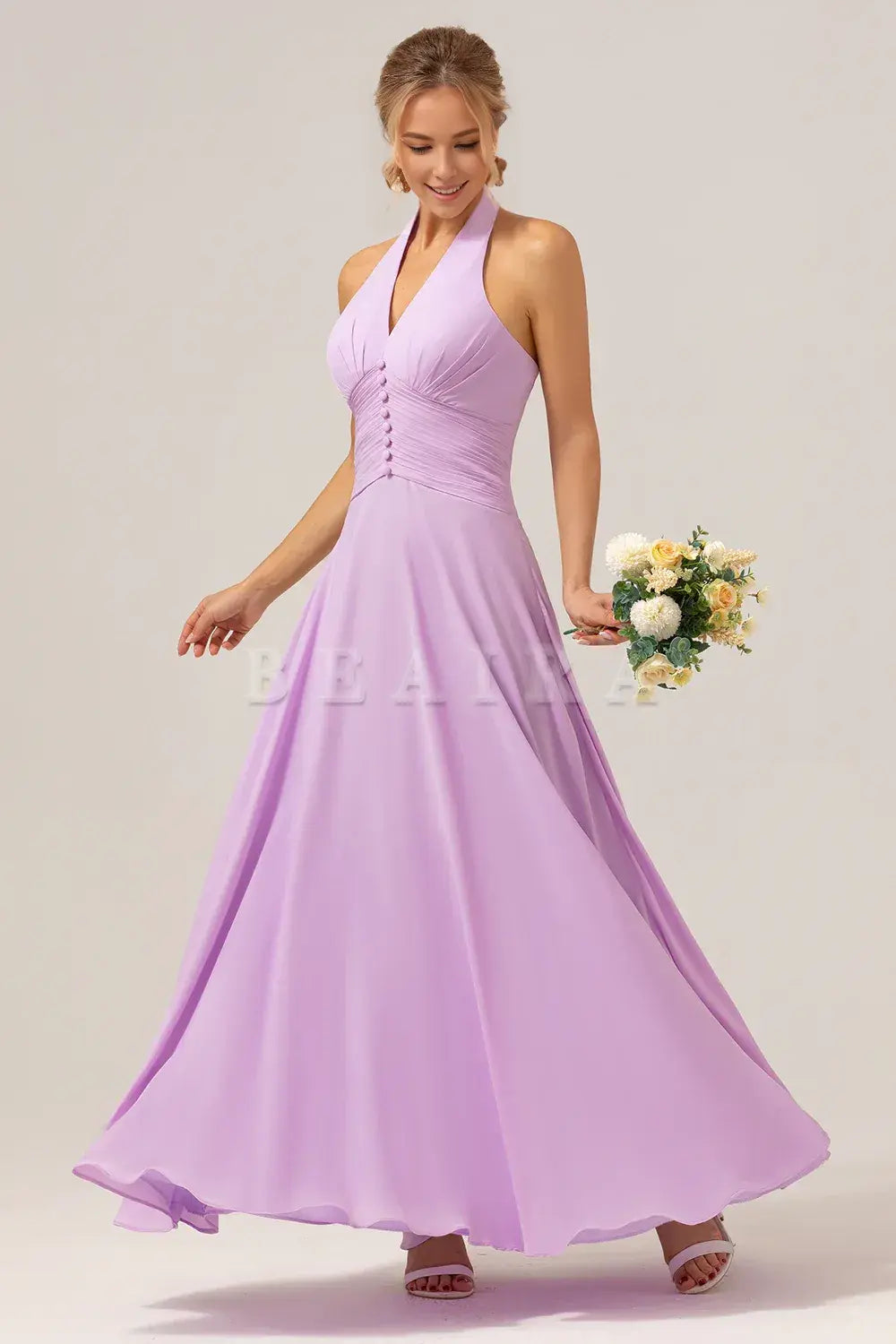 Beaira A Line Halter Backless Pleated Chiffon Long Purple Bridesmaid Dress With Buckle Bridesmaid dress shop