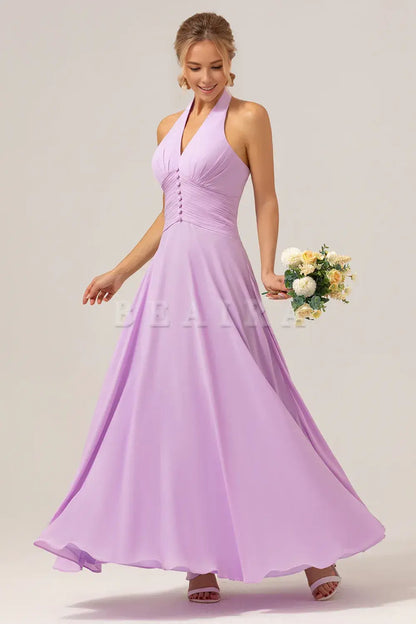 Beaira A Line Halter Backless Pleated Chiffon Long Purple Bridesmaid Dress With Buckle Bridesmaid dress shop