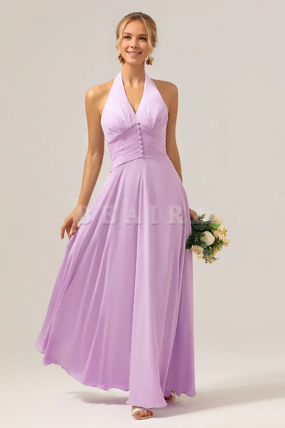 Beaira A Line Halter Backless Pleated Chiffon Long Purple Bridesmaid Dress With Buckle Bridesmaid dress shop