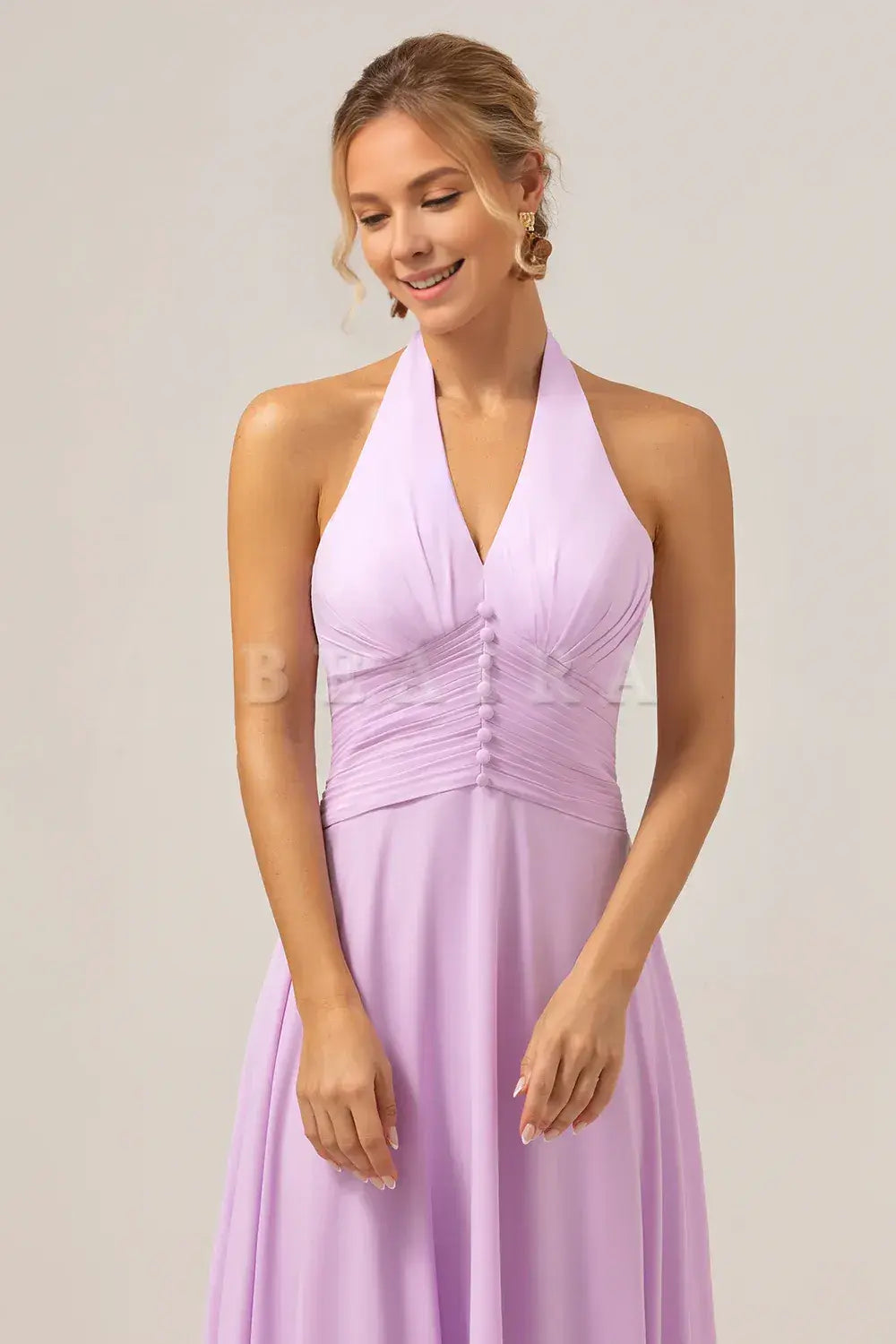 Beaira A Line Halter Backless Pleated Chiffon Long Purple Bridesmaid Dress With Buckle Bridesmaid dress shop