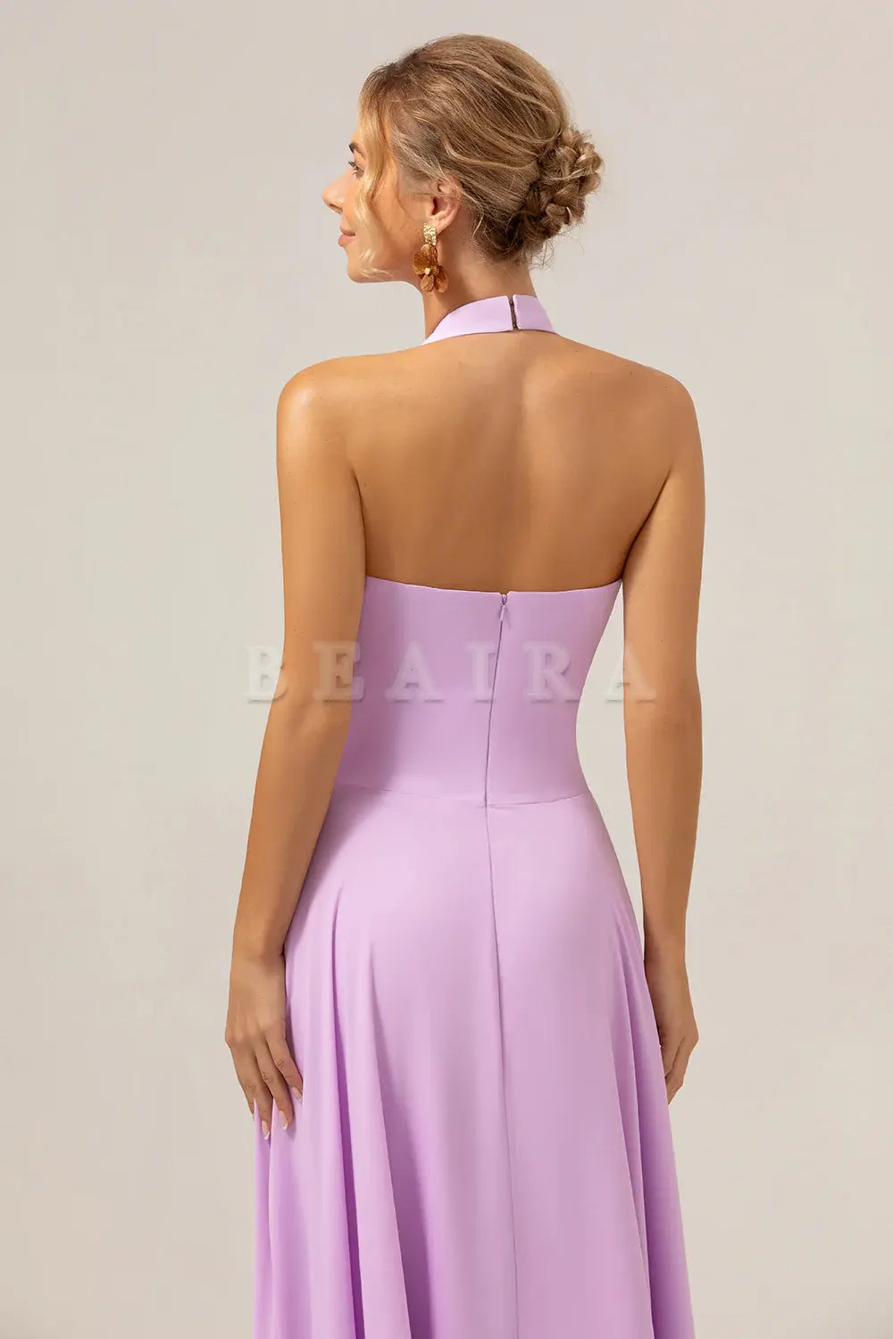 Beaira A Line Halter Backless Pleated Chiffon Long Purple Bridesmaid Dress With Buckle Bridesmaid dress shop