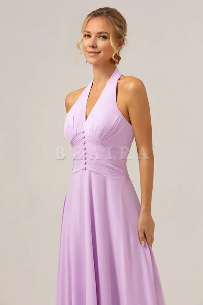 Beaira A Line Halter Backless Pleated Chiffon Long Purple Bridesmaid Dress With Buckle Bridesmaid dress shop