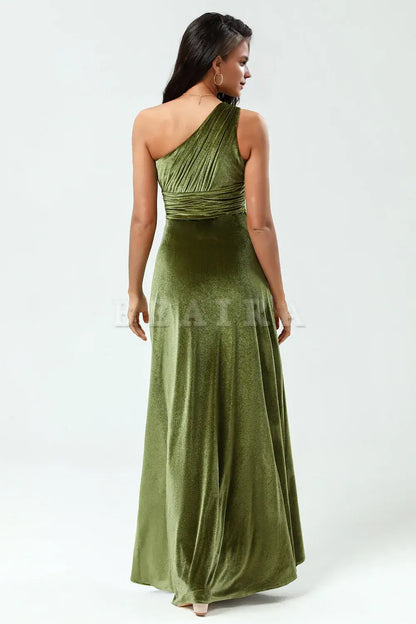 Beaira A Line One Shoulder Ruched Floor-Length Velvet Bridesmaid Dress Bridesmaid dress shop