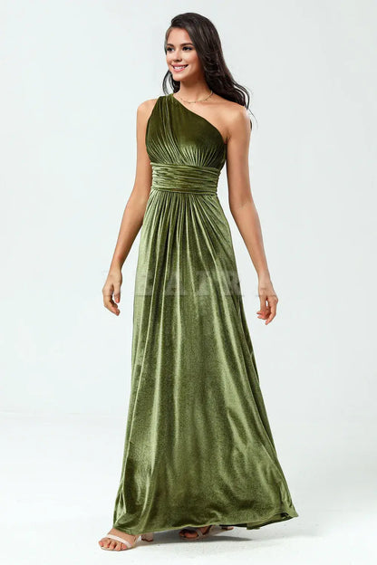 Beaira A Line One Shoulder Ruched Floor-Length Velvet Bridesmaid Dress Bridesmaid dress shop