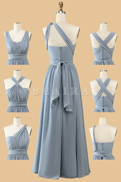 Beaira A Line One Shoulder V Neck Halter Neck Floor Length Grey Blue Bridesmaid Dress Bridesmaid dress shop