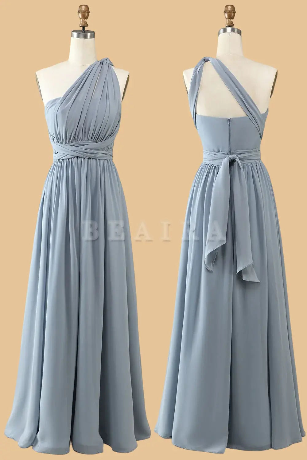 Beaira A Line One Shoulder V Neck Halter Neck Floor Length Grey Blue Bridesmaid Dress Bridesmaid dress shop