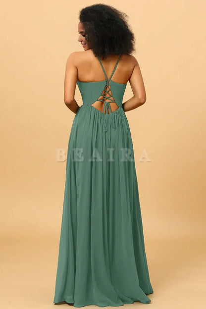 Beaira A Line Spaghetti Straps Chiffon Long Bridesmaid Dress with Slit Bridesmaid dress shop