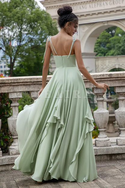 Beaira A Line Spaghetti Straps Chiffon Matcha Long Bridesmaid Dress with Ruffles Bridesmaid dress shop ﻿