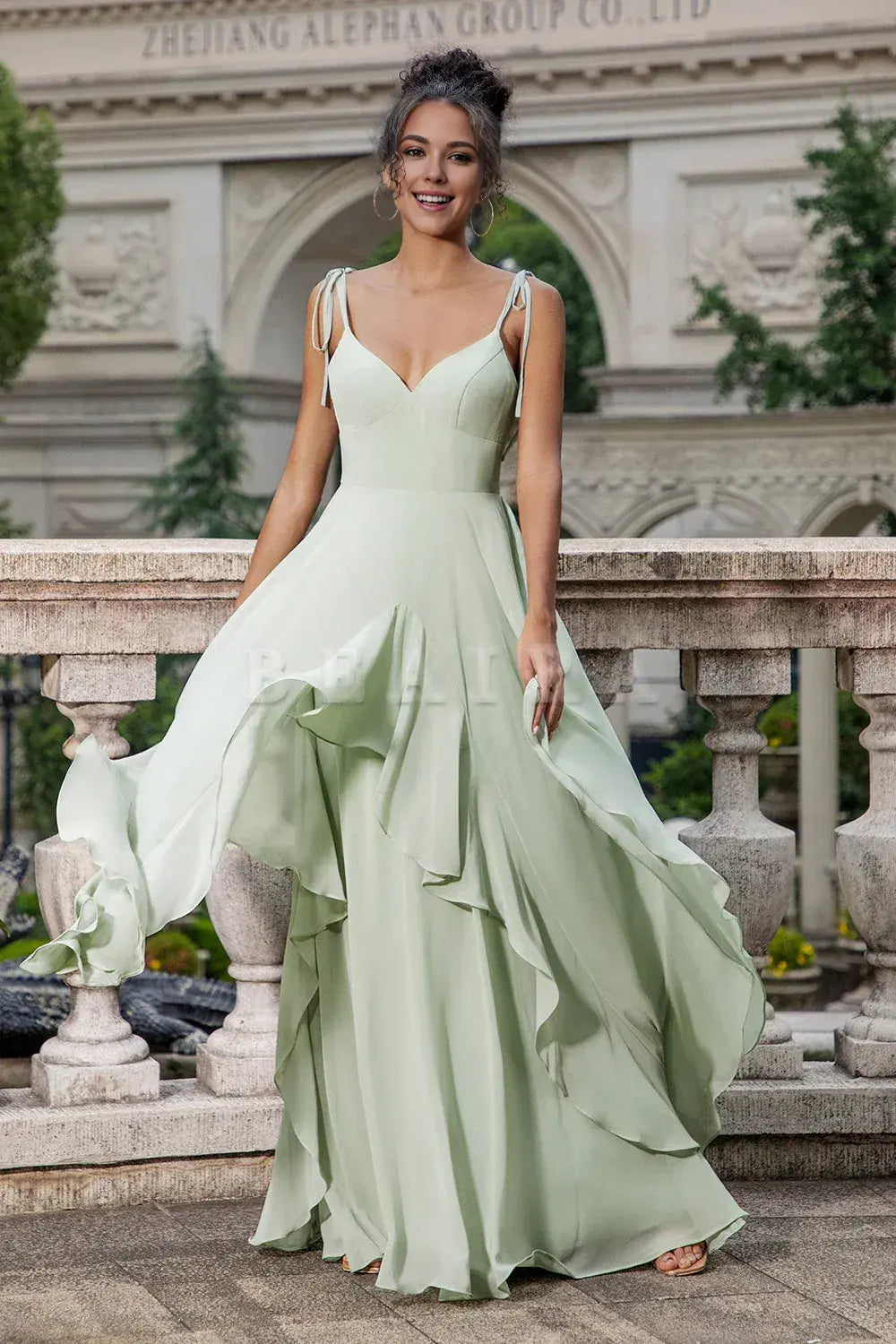 Beaira A Line Spaghetti Straps Chiffon Matcha Long Bridesmaid Dress with Ruffles Bridesmaid dress shop ﻿