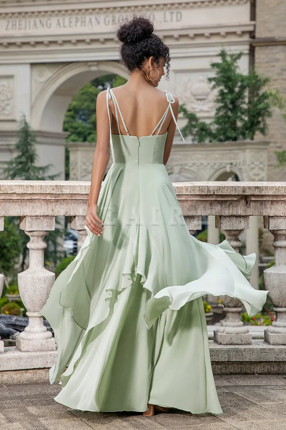 Beaira A Line Spaghetti Straps Chiffon Matcha Long Bridesmaid Dress with Ruffles Bridesmaid dress shop ﻿