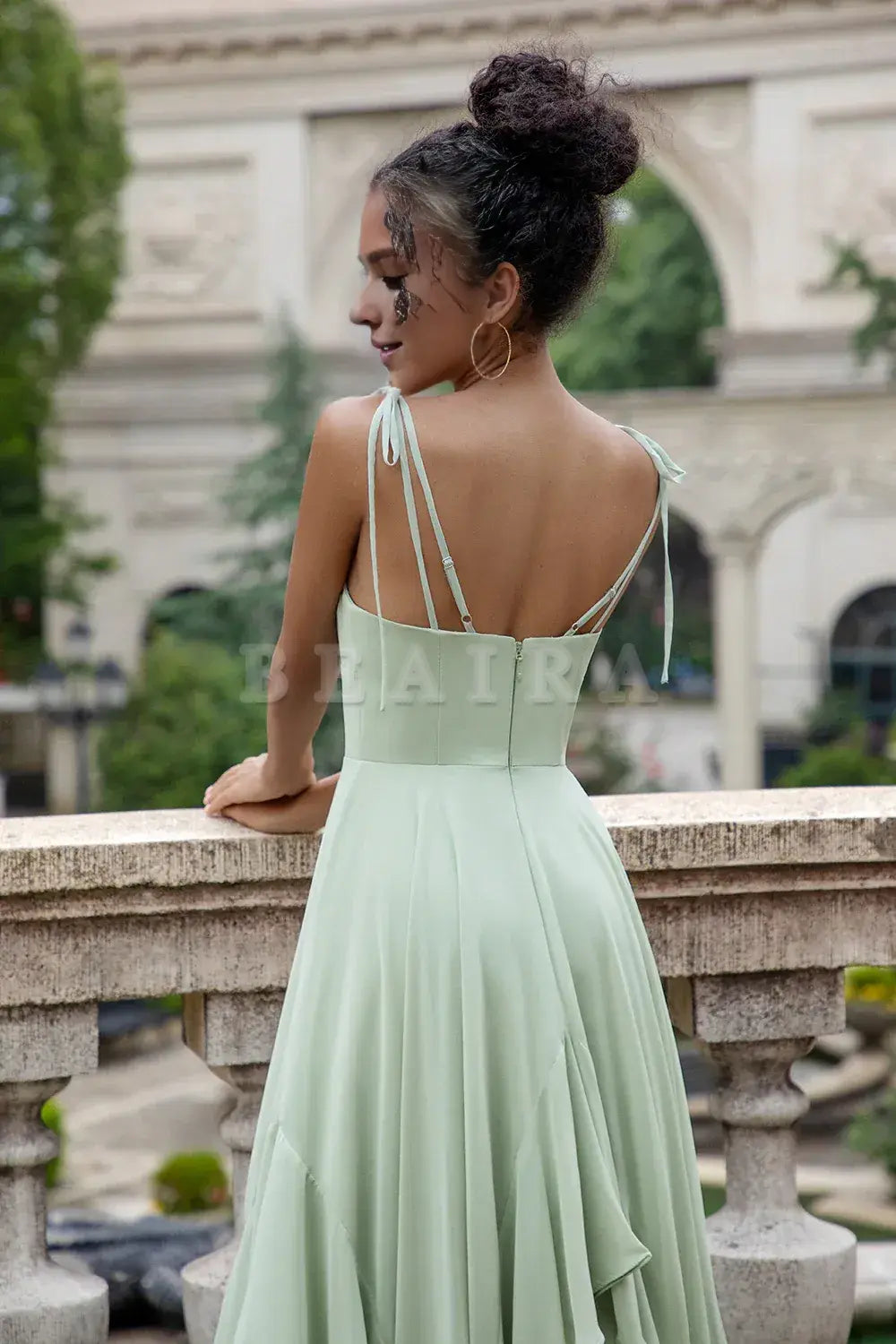 Beaira A Line Spaghetti Straps Chiffon Matcha Long Bridesmaid Dress with Ruffles Bridesmaid dress shop ﻿