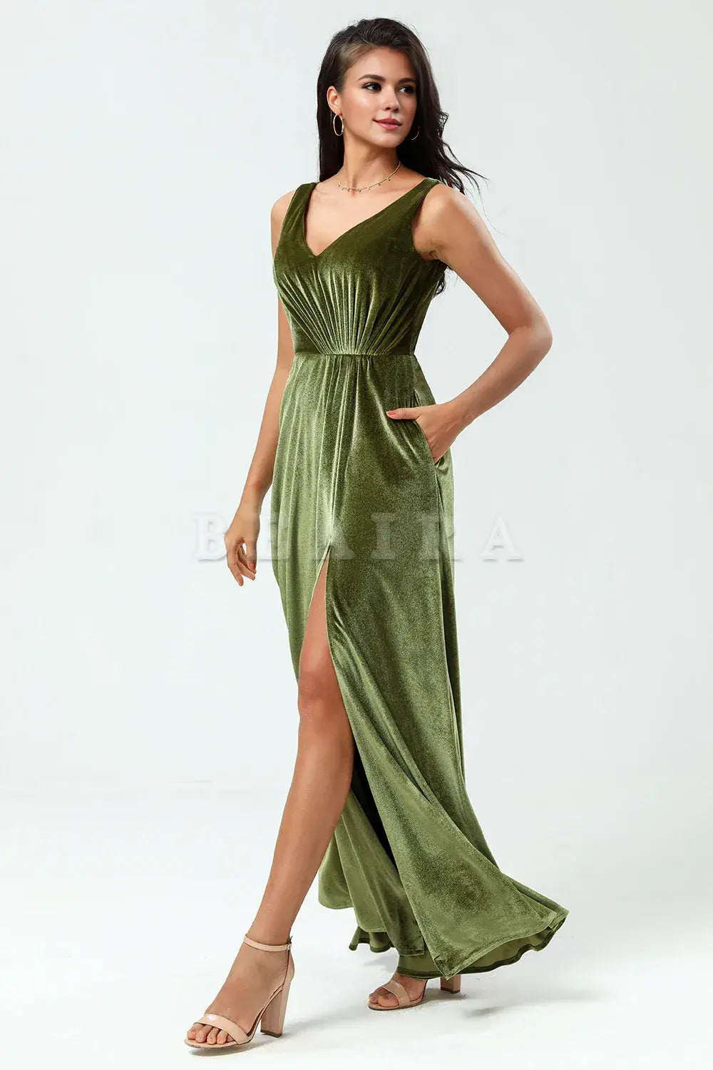 Beaira A Line V-Neck Ruched Floor-Length Slit Velvet Bridesmaid Dress Bridesmaid dress shop ﻿