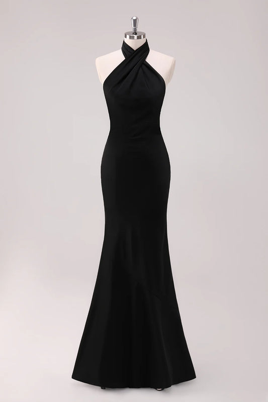 Beaira Black Mermaid Halter Backless Floor Length Satin Bridesmaid Dress Bridesmaid dress shop