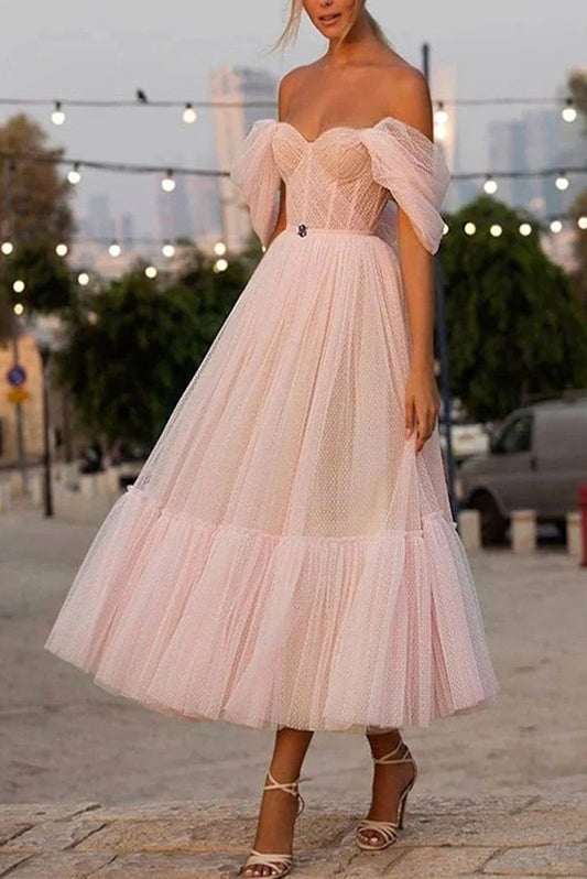 Ankle Knee A Line Pink Off The Shoulder Homecoming Dresses