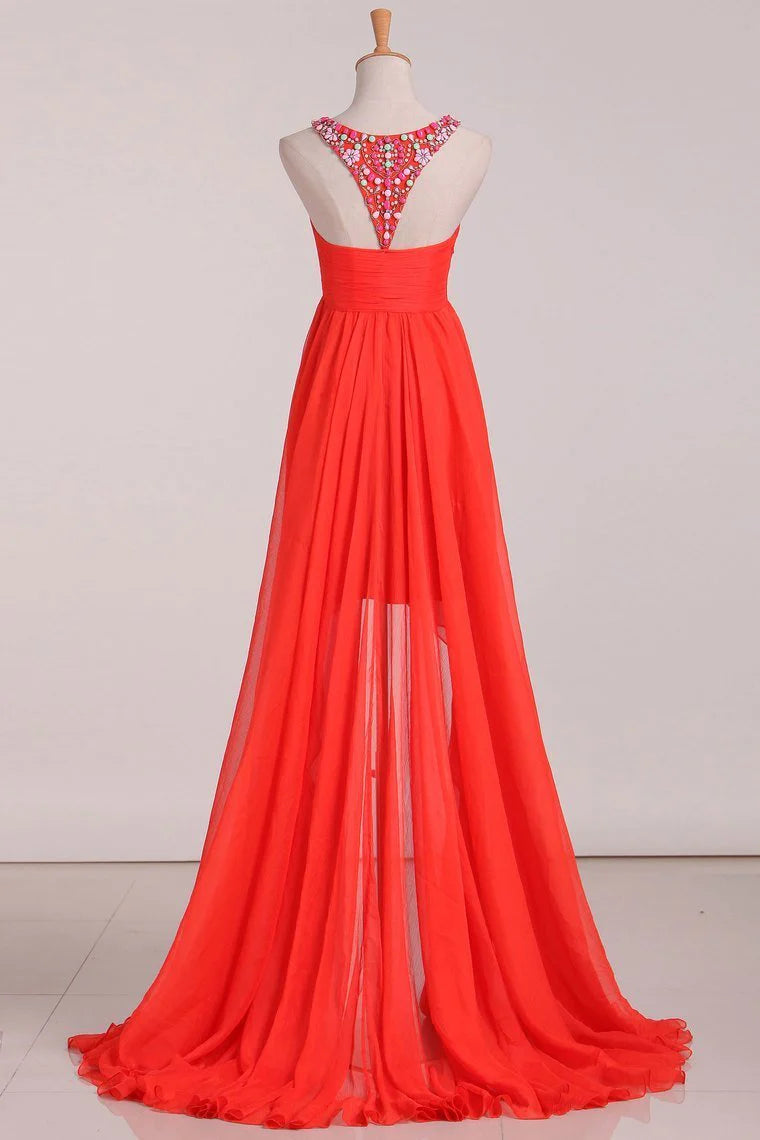 Asymmetrical A Line Party Dresses Scoop With Beading Chiffon