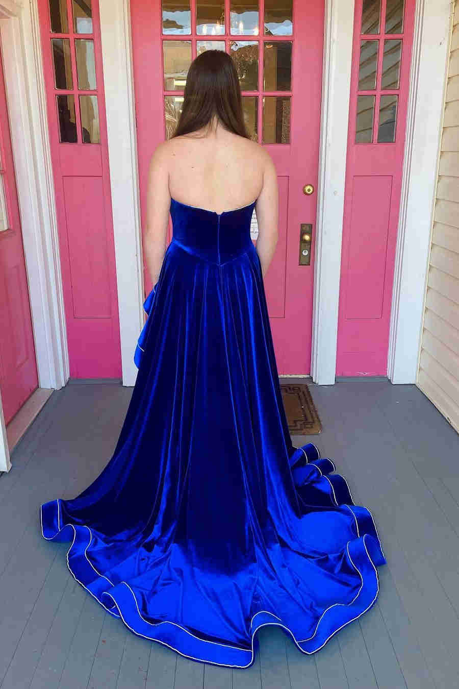 A Line Strapless Royal Blue Velvet Long Prom Dress With Ruffles