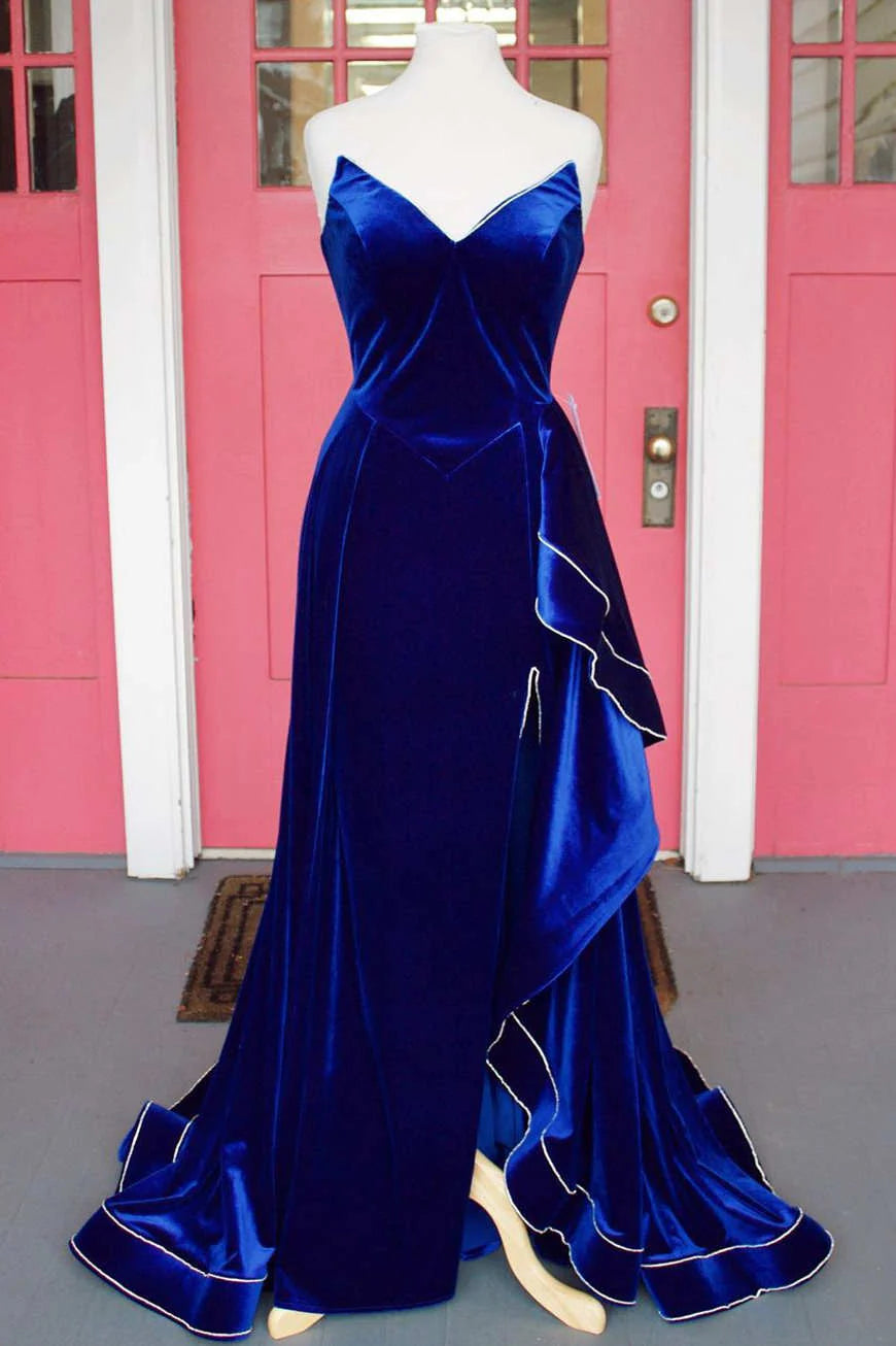 A Line Strapless Royal Blue Velvet Long Prom Dress With Ruffles