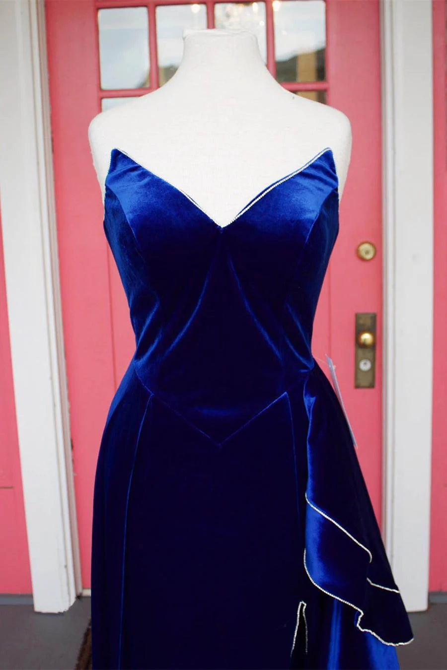 A Line Strapless Royal Blue Velvet Long Prom Dress With Ruffles