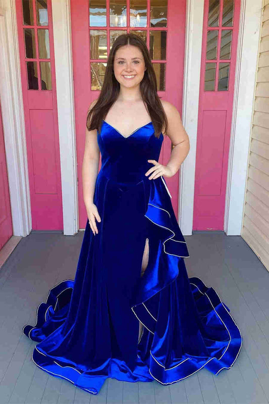 A Line Strapless Royal Blue Velvet Long Prom Dress With Ruffles