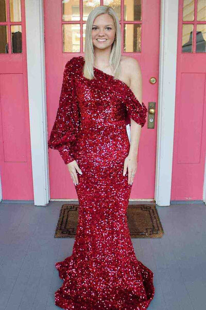 Asymmetrical Shoulder Burgundy Sequins Mermaid Prom Dresses