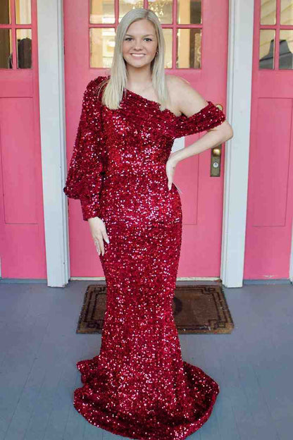 Asymmetrical Shoulder Burgundy Sequins Mermaid Prom Dresses