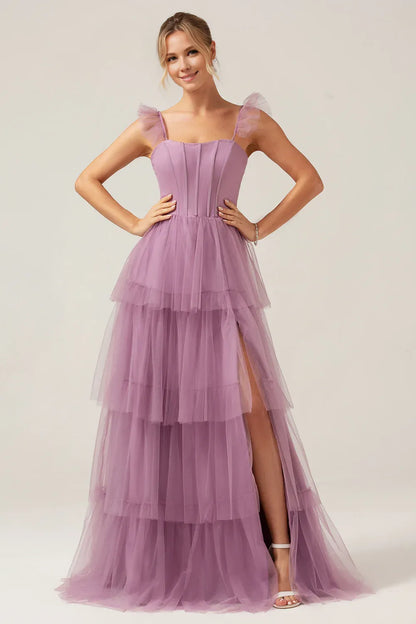 Beaira Purple A Line Spaghetti Straps Floor Length Tulle Bridesmaid Dress Bridesmaid dress shop