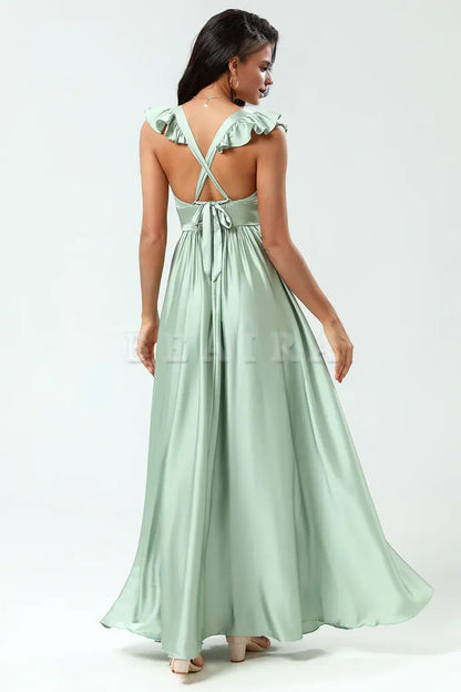 Beaira Backless Deep V-Neck A Line Green Split Bridesmaid Dress with Ruffles Bridesmaid dress shop