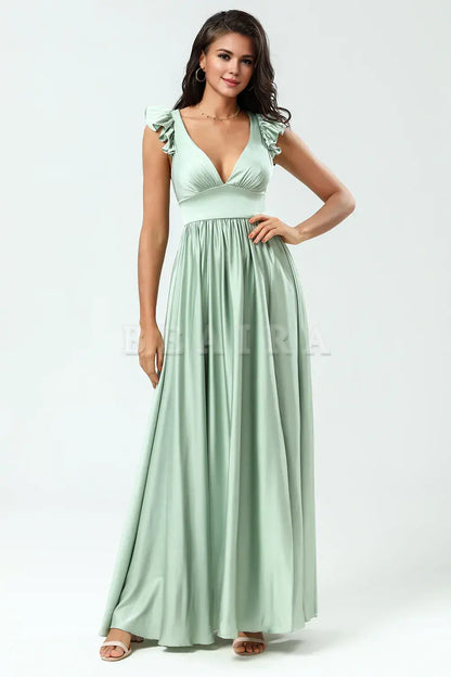 Beaira Backless Deep V-Neck A Line Green Split Bridesmaid Dress with Ruffles Bridesmaid dress shop