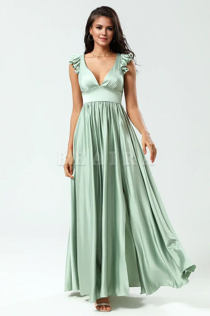 Beaira Backless Deep V-Neck A Line Green Split Bridesmaid Dress with Ruffles Bridesmaid dress shop