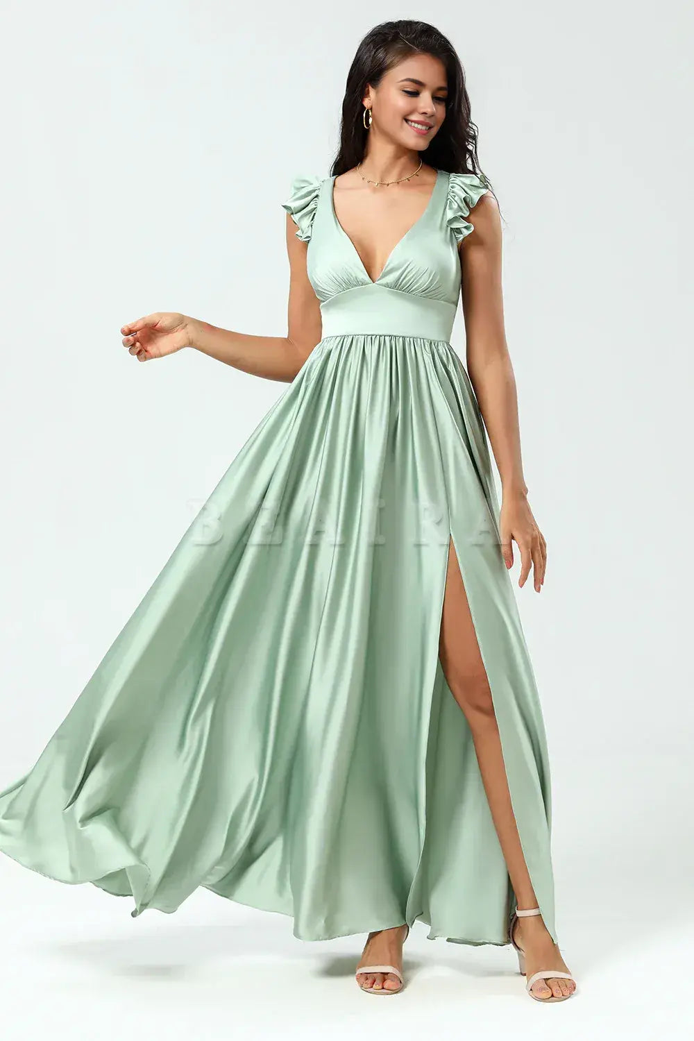 Beaira Backless Deep V-Neck A Line Green Split Bridesmaid Dress with Ruffles Bridesmaid dress shop