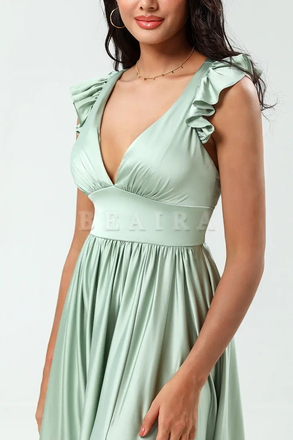 Beaira Backless Deep V-Neck A Line Green Split Bridesmaid Dress with Ruffles Bridesmaid dress shop