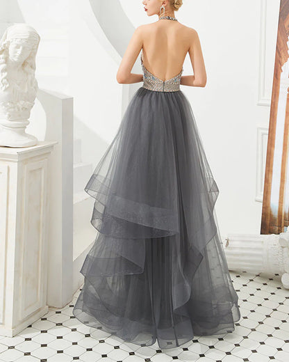 Ball Gown Halter High Low Prom Dresses Beading Asymmetrical Tulle Evening Dresses