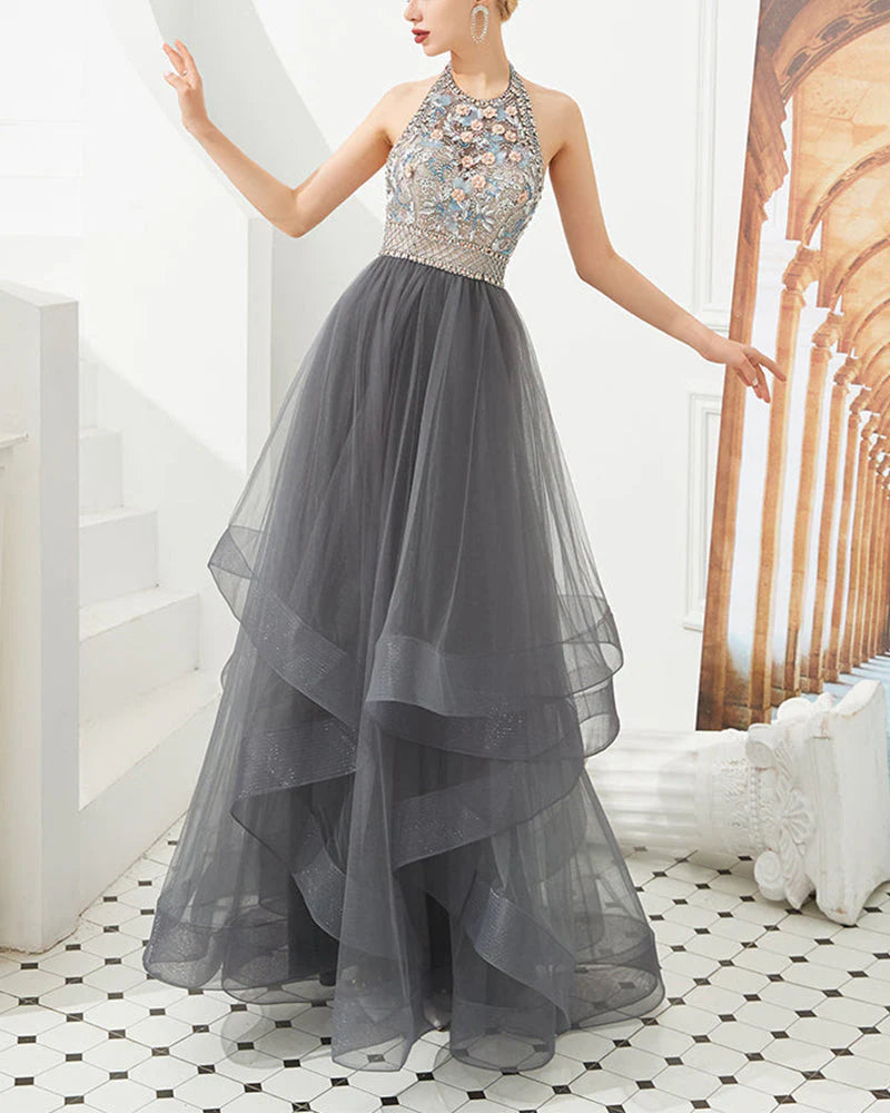 Ball Gown Halter High Low Prom Dresses Beading Asymmetrical Tulle Evening Dresses