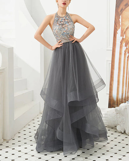 Ball Gown Halter High Low Prom Dresses Beading Asymmetrical Tulle Evening Dresses